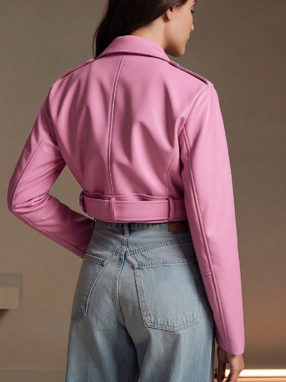Baby Pink Casual Women's Faux Leather Biker Jacket - Picture 2 of 5